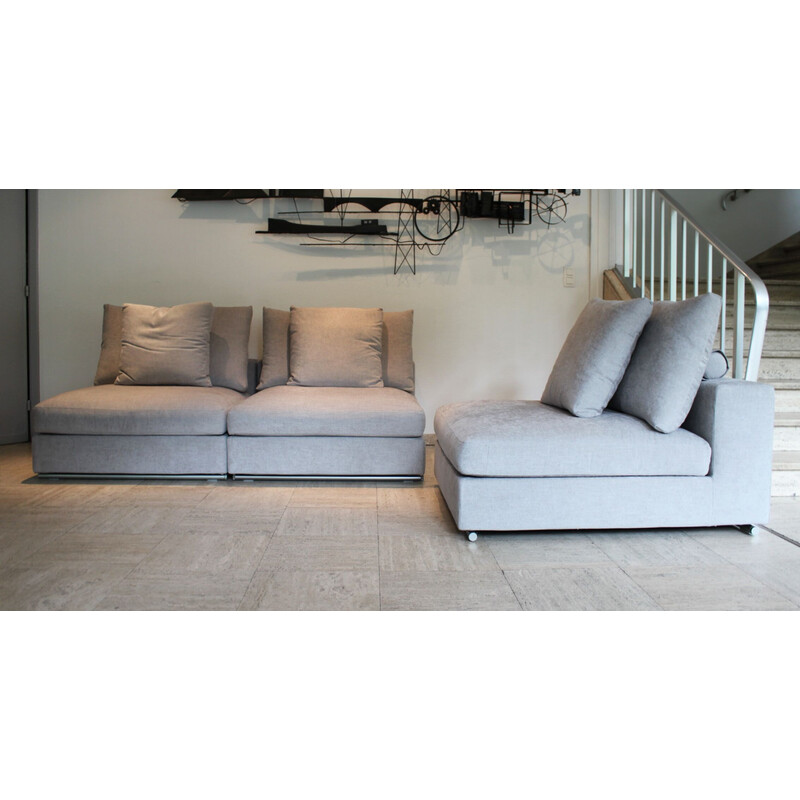 Vintage 3-seater modular sofa in gray fabric, birch and steel by Camerich