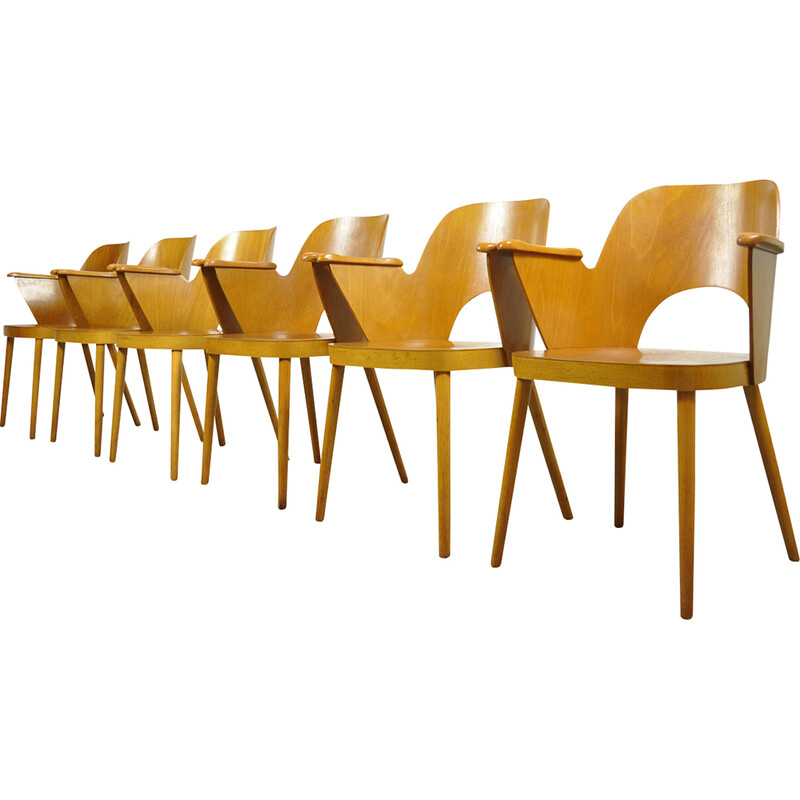 Ensemble de 6 chaises vintage en bois de hêtre par Oswald Haerdtl pour Ton, République tchèque 1950