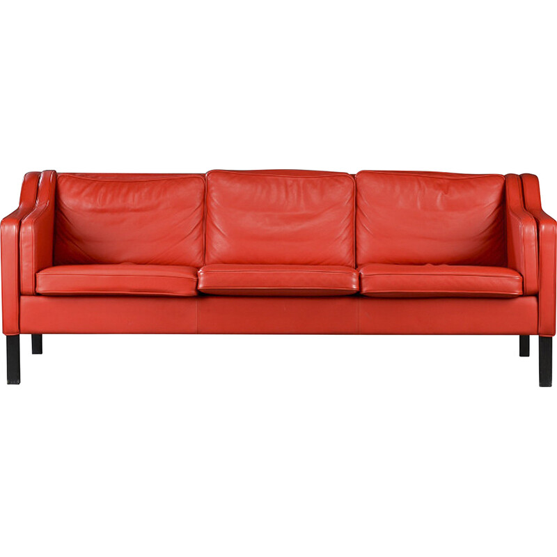 Vintage 3 seater sofa in red leather by Hurup Mobelfabrik, Denmark