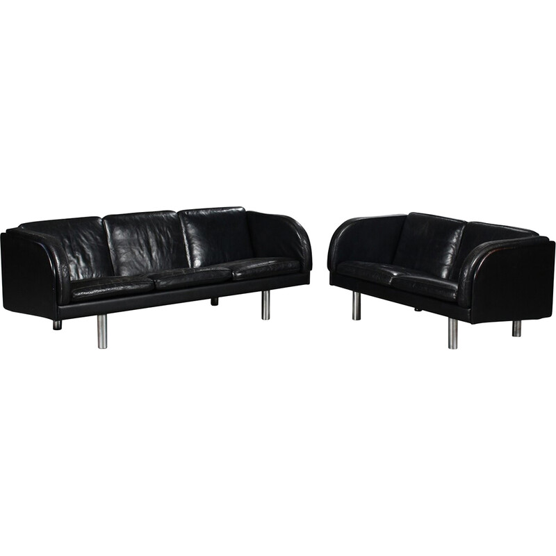 Vintage black leather 3 seater sofa by Jorgen Gammelgaard for Erik Jorgensen, 1970s