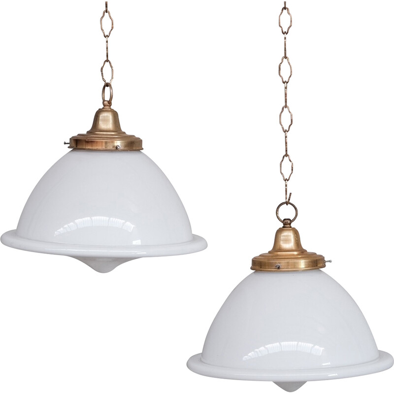 Pair of vintage French opaline and brass pendant lamps, 1950s