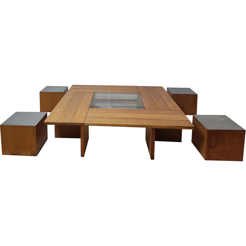 Vintage coffee table with 4 cubic seats by Tecno, 1970