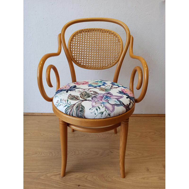 Vintage wooden and upholstery armchair and stool, 1950s