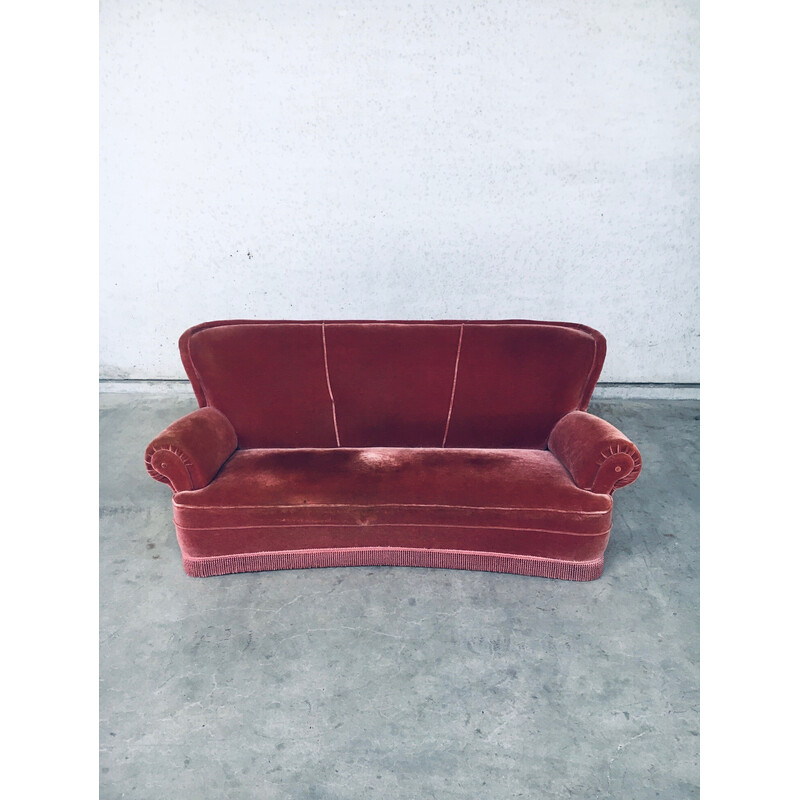 Vintage Art Deco rosa Samt 3-Sitzer Sofa mit Fransen, Italien 1930-1940s