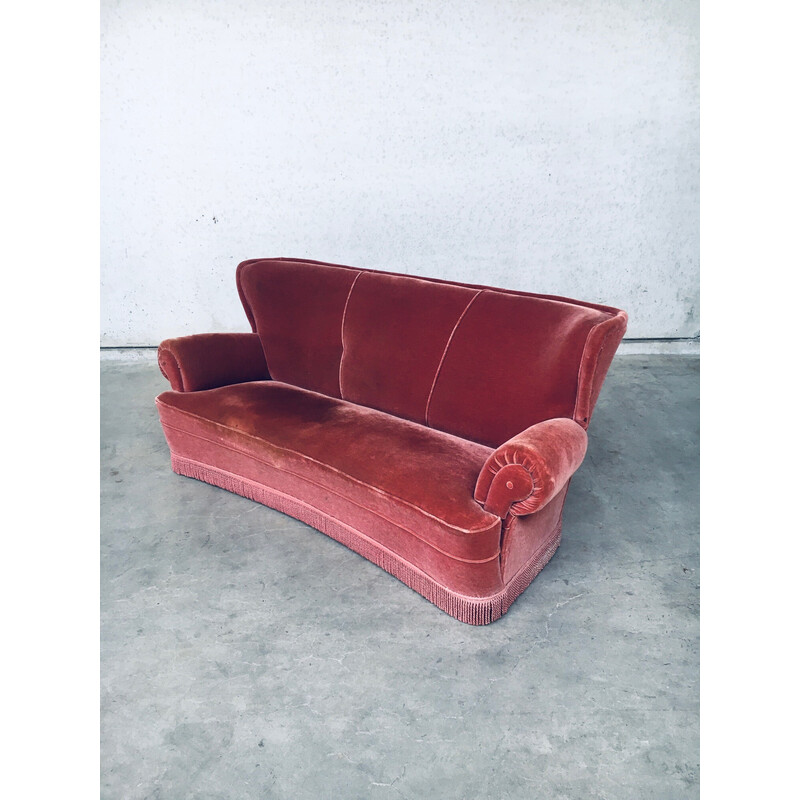 Canapé vintage Art Déco 3 places en velours rose avec frange, Italie 1930-1940