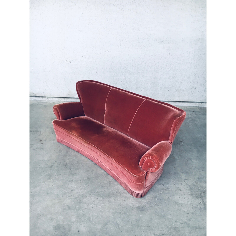 Canapé vintage Art Déco 3 places en velours rose avec frange, Italie 1930-1940