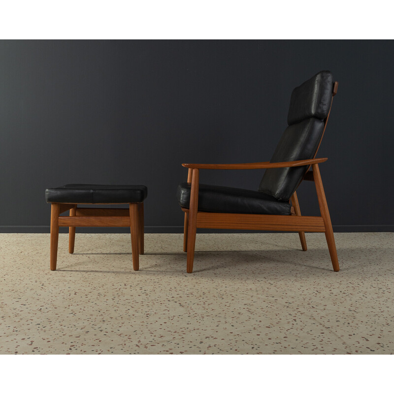 Fd 164 vintage teak and leather armchair and stool by Arne Vodder for France and Søn, Denmark 1960s