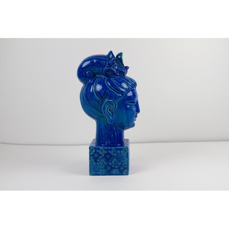 Statuetta Kwan Yin in ceramica blu vintage di Aldo Londi per Bitossi, Italia 1960