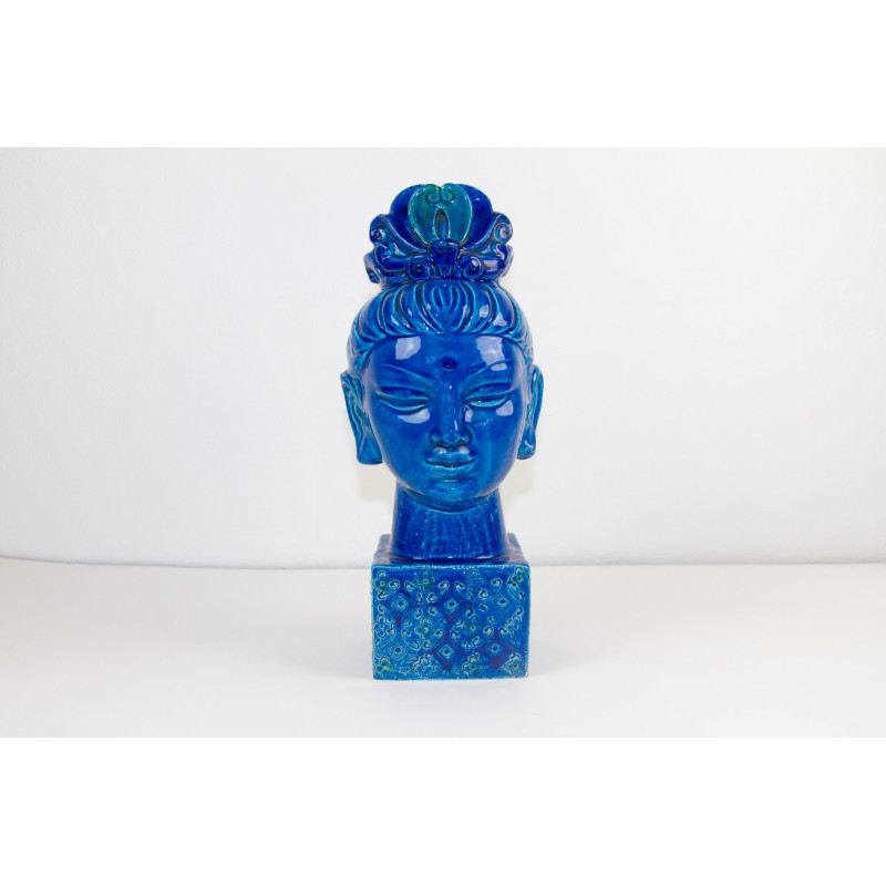 Estatuilla vintage de cerámica azul Kwan Yin de Aldo Londi para Bitossi, Italia años 60