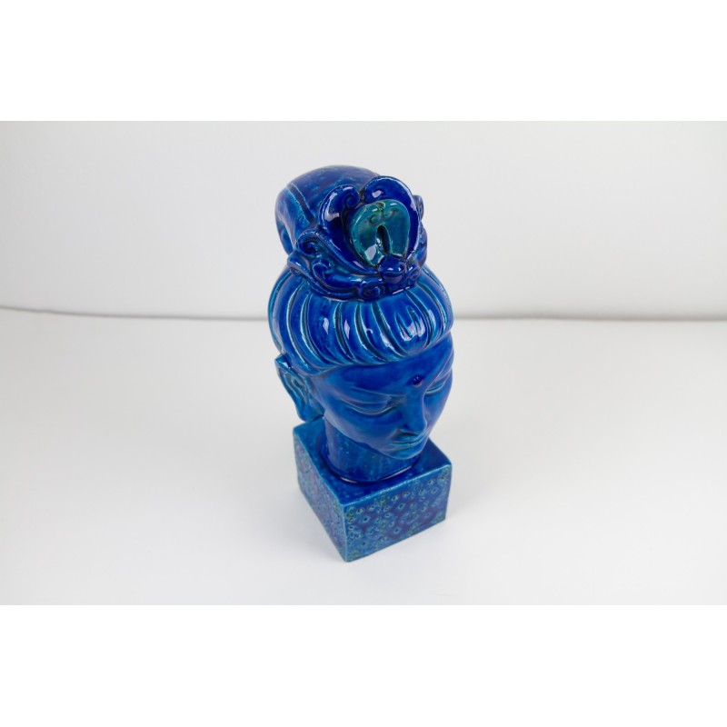 Estatuilla vintage de cerámica azul Kwan Yin de Aldo Londi para Bitossi, Italia años 60