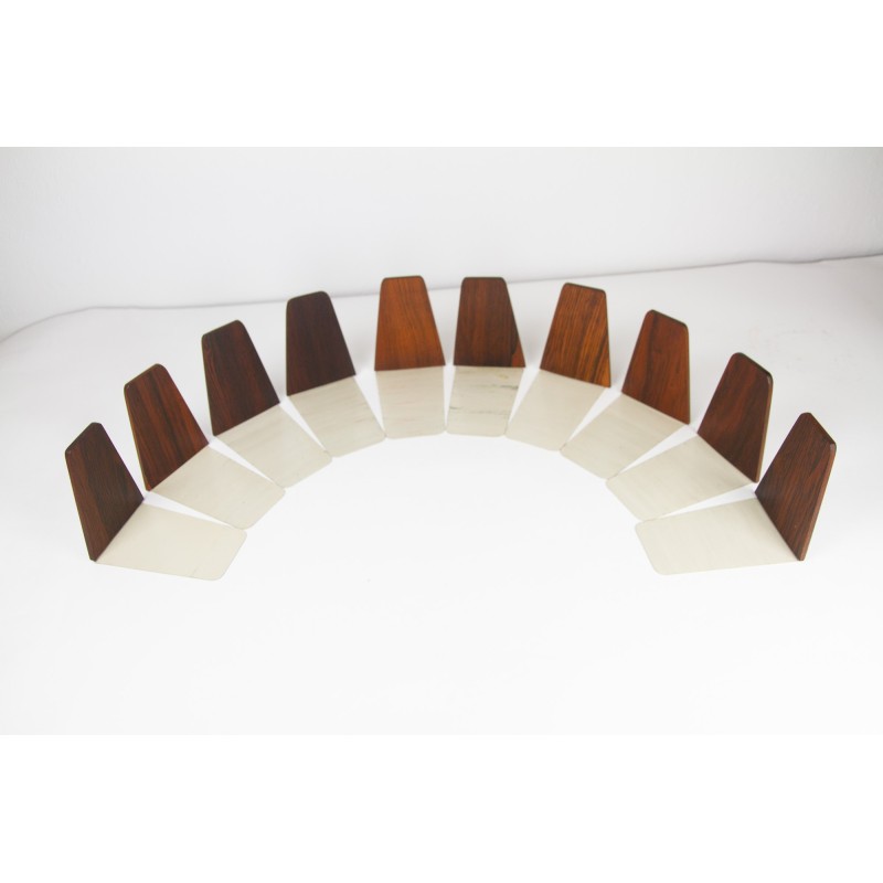 Set of 10 vintage rosewood and metal bookends by Kai Kristiansen for Feldballes Møbelfabrik, Denmark 1960s