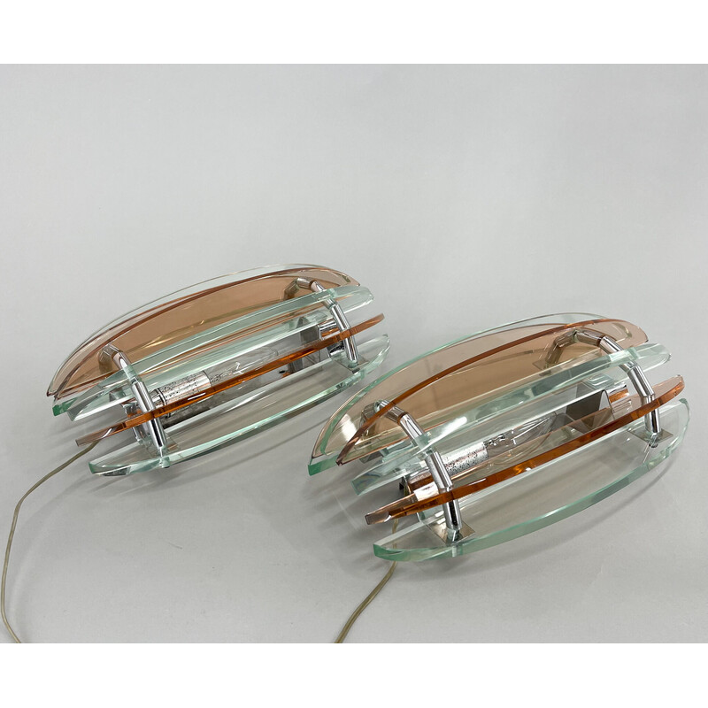 Pair of vintage Murano glass and chrome wall lamps by Veca, Italy
