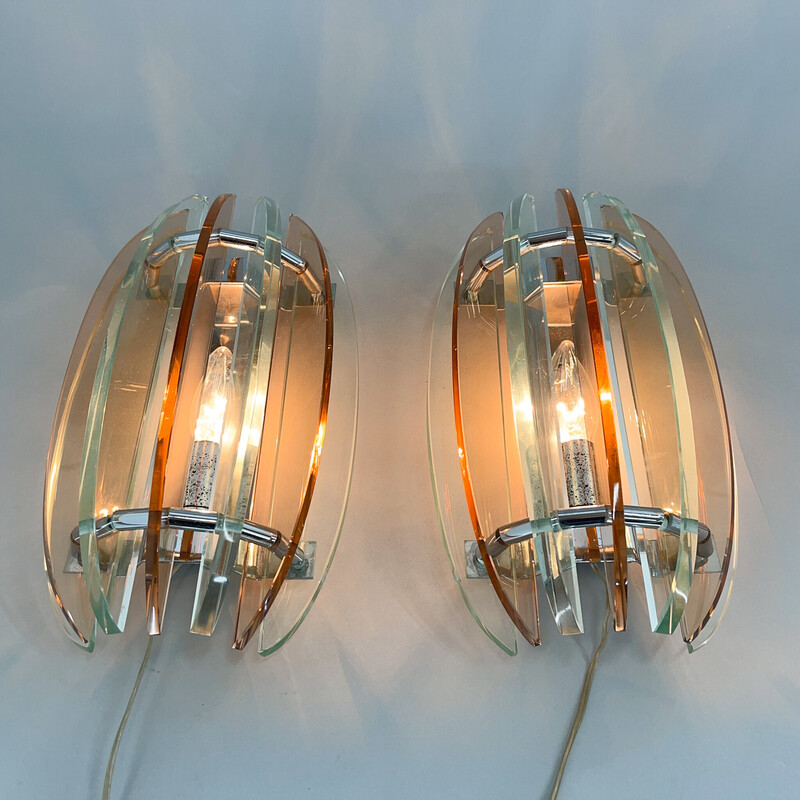 Pair of vintage Murano glass and chrome wall lamps by Veca, Italy