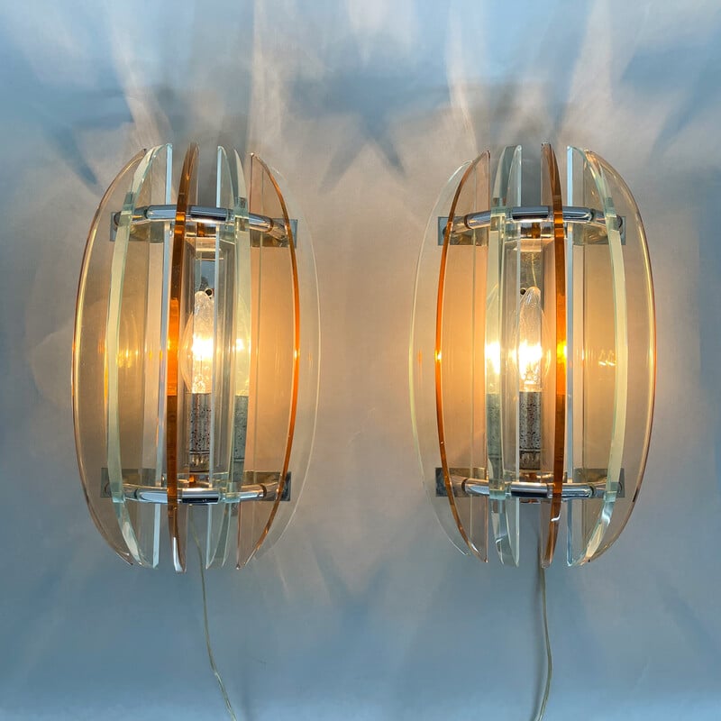 Coppia di lampade da parete vintage in vetro di Murano e cromo di Veca, Italia