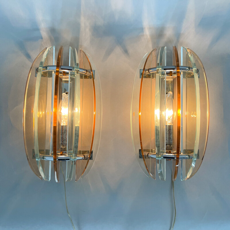 Par de lámparas de pared vintage de cristal de Murano y cromo de Veca, Italia