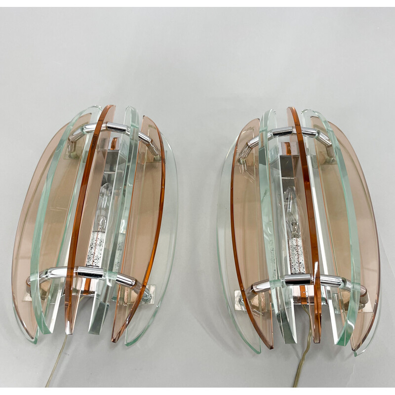 Paar wandlampen van Murano glas en chroom van Veca, Italië.