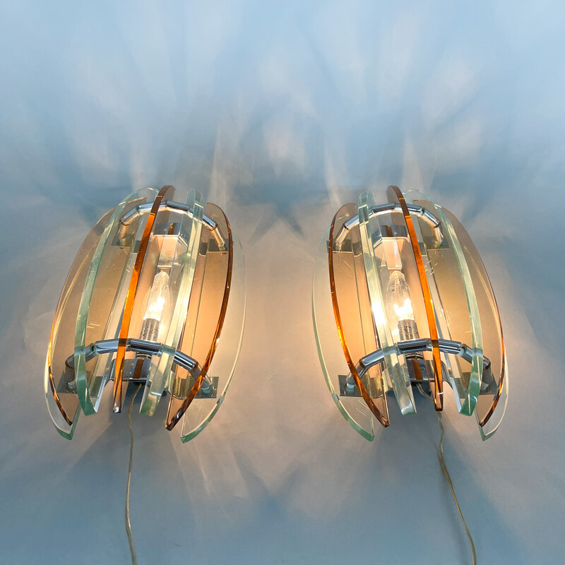 Pair of vintage Murano glass and chrome wall lamps by Veca, Italy