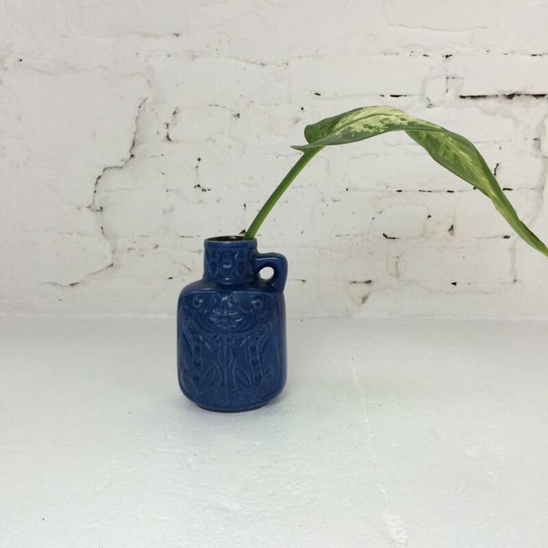 Vintage blue ceramic vase with floral motifs, 1960