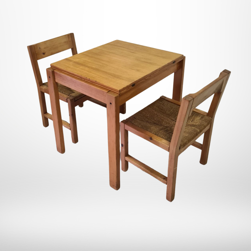 Vintage dining set in solid pine and rope, Sweden 1960s