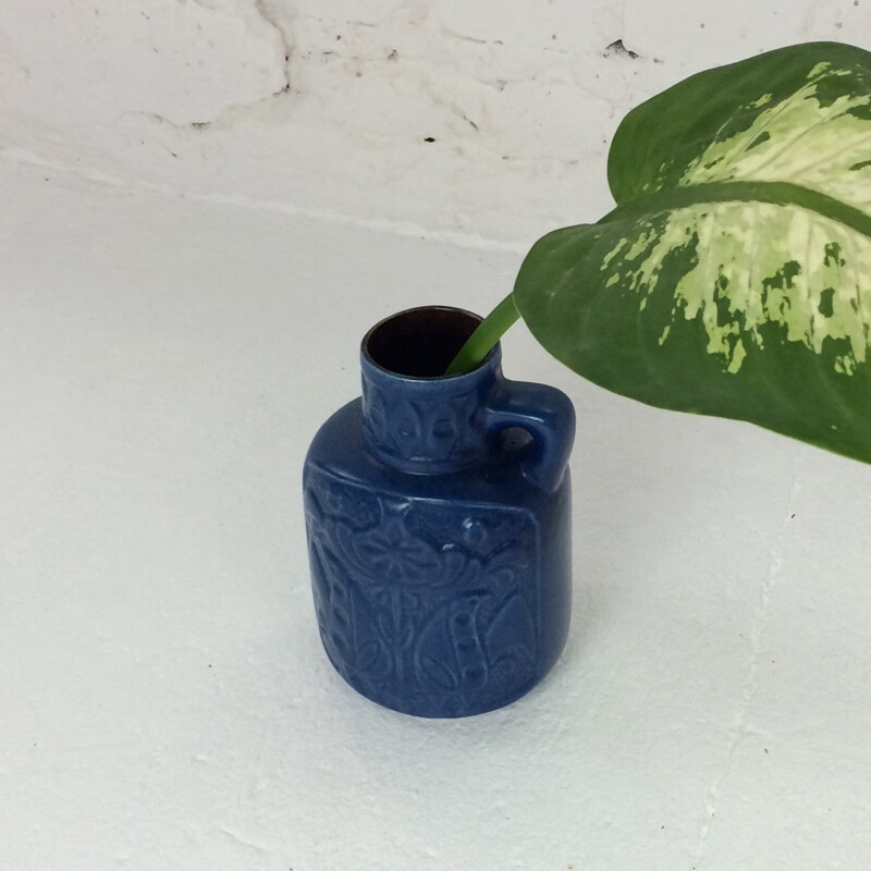 Vase bleu vintage en céramique à motifs floraux, 1960