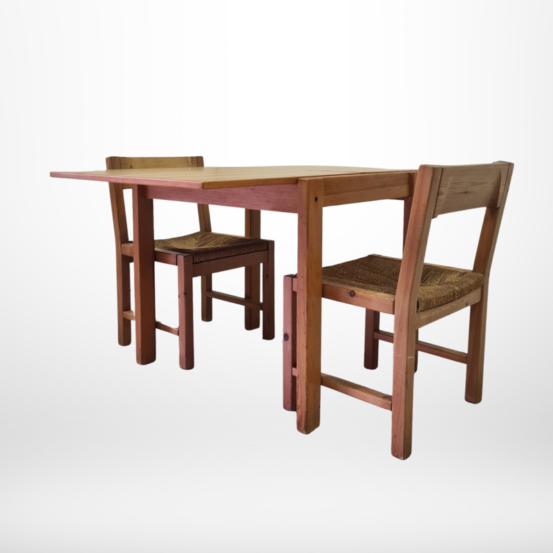 Vintage dining set in solid pine and rope, Sweden 1960s