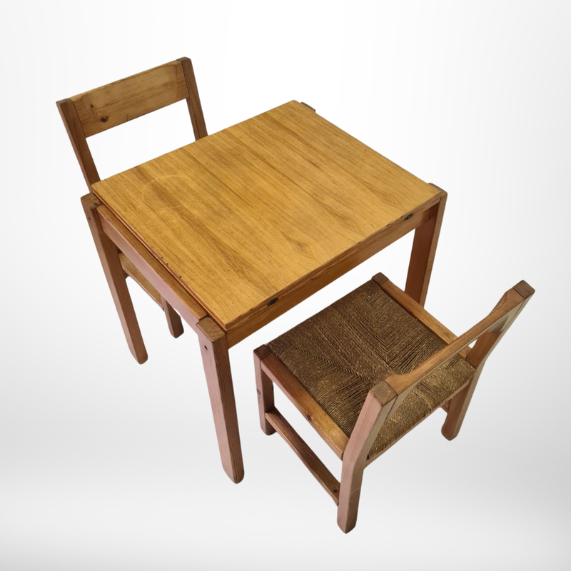 Vintage dining set in solid pine and rope, Sweden 1960s