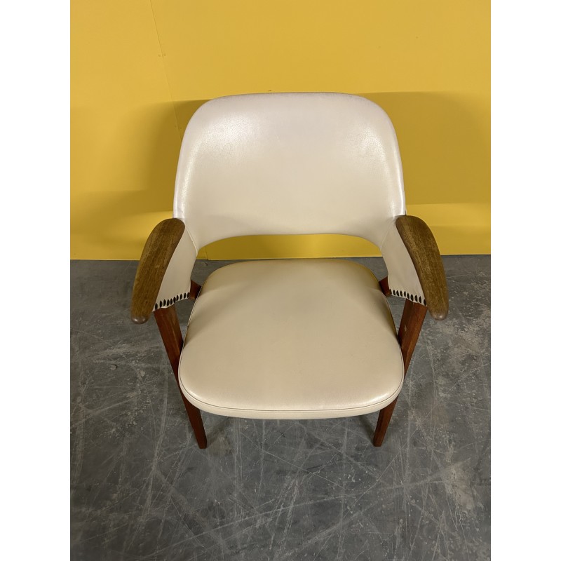 Vintage teak and cream leather armchair, Denmark 1960s