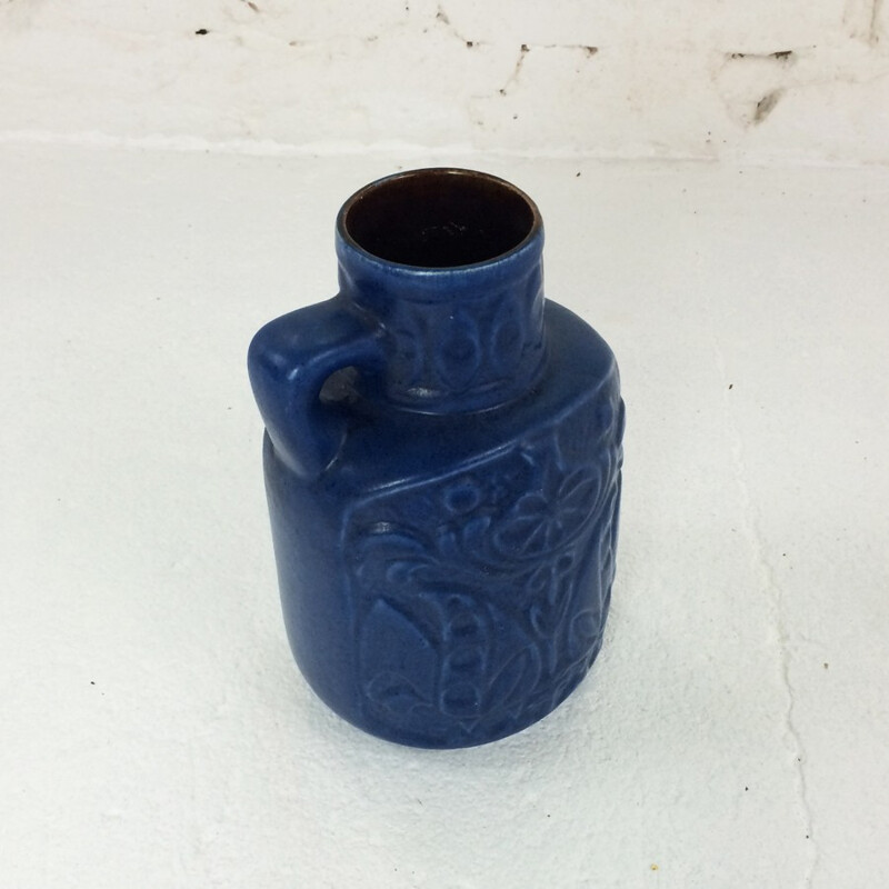 Vintage blauwe keramische vaas met bloemmotieven, 1960