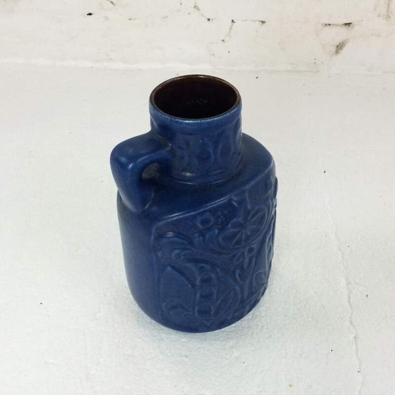 Vintage blue ceramic vase with floral motifs, 1960