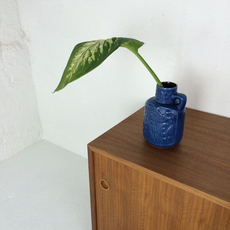 Vintage blue ceramic vase with floral motifs, 1960