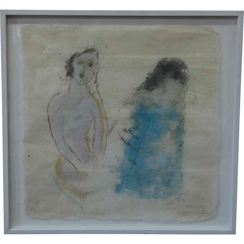 Vintage mixed media painting on Japanese paper, 1990s