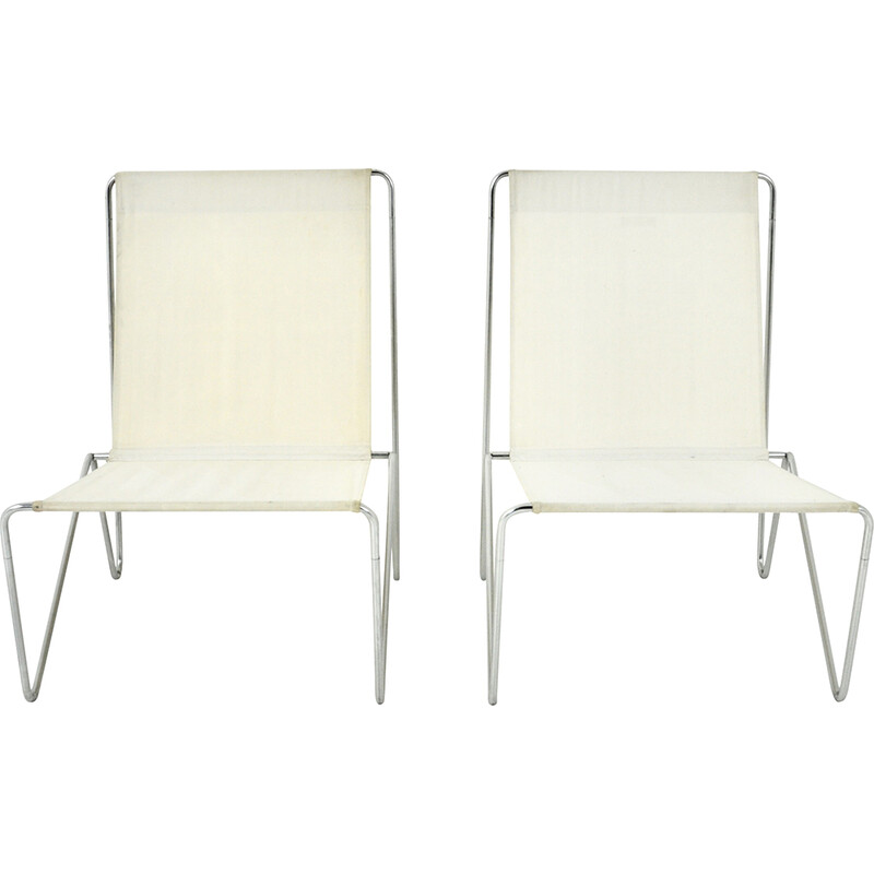 Pair of vintage Bachelor armchairs in metal and creamy fabric by Verner Panton for Fritz Hansen, 1950s