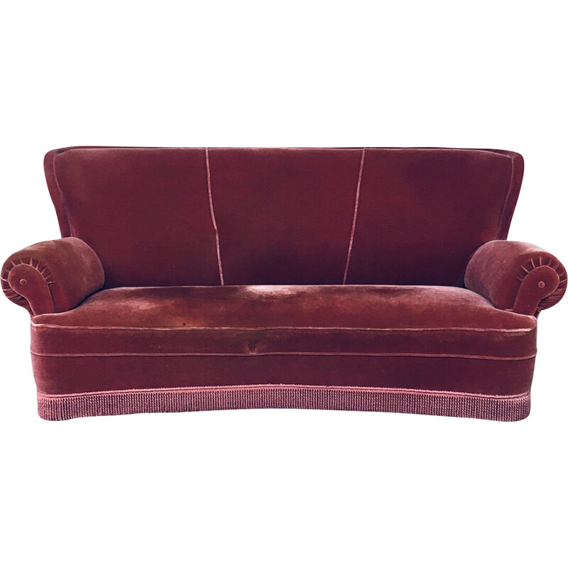 Vintage Art Deco pink velvet 3 seat sofa with fringe, Italy 1930-1940s