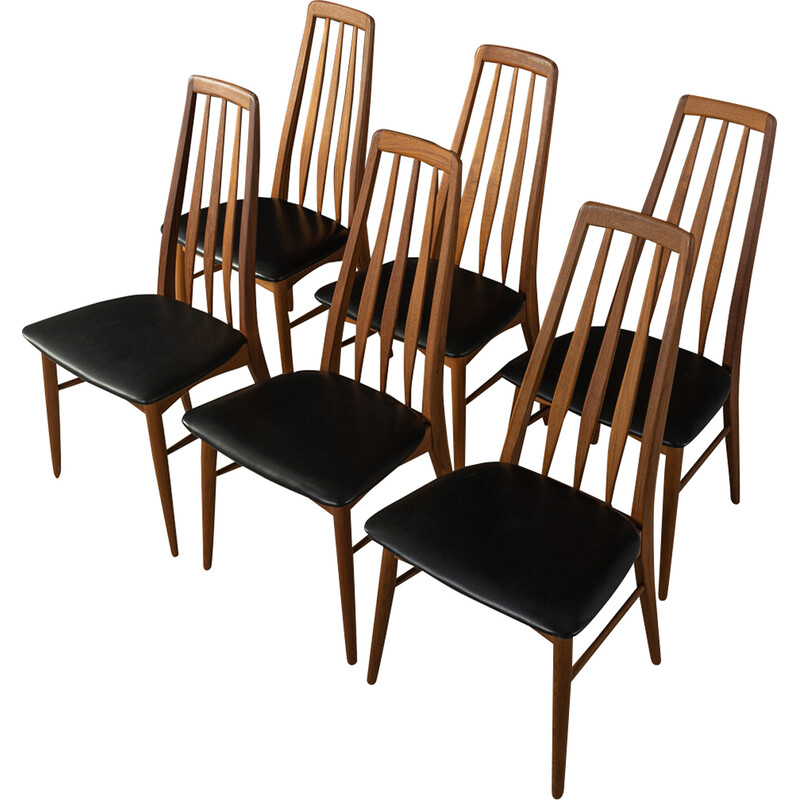 Conjunto de 6 cadeiras de teca Eva vintage e couro de Niels Koefoed para Koefoeds e Hornslet, década de 1960