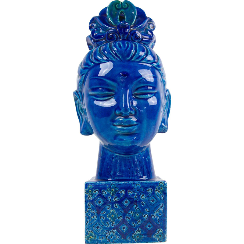 Estatuilla vintage de cerámica azul Kwan Yin de Aldo Londi para Bitossi, Italia años 60