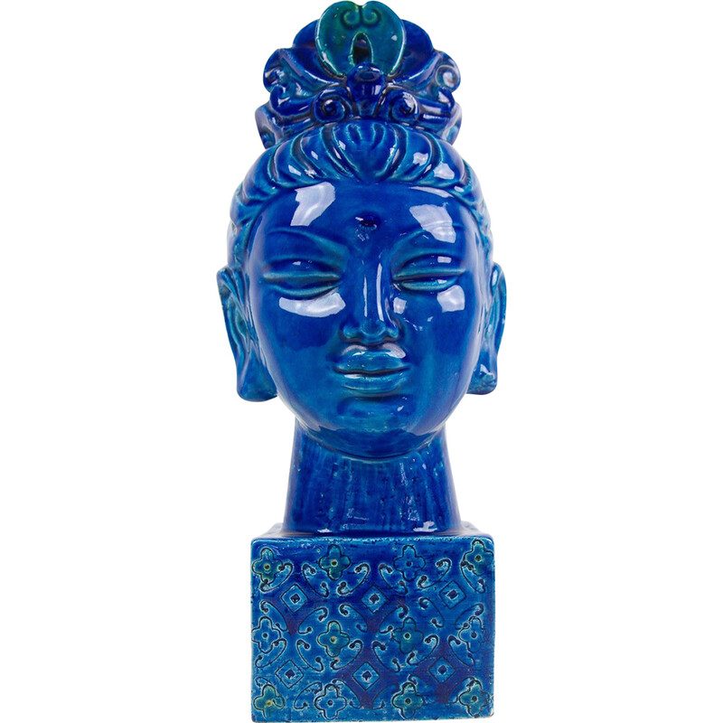 Figurinha de cerâmica Vintage azul Kwan Yin de Aldo Londi para Bitossi, Itália Anos 60