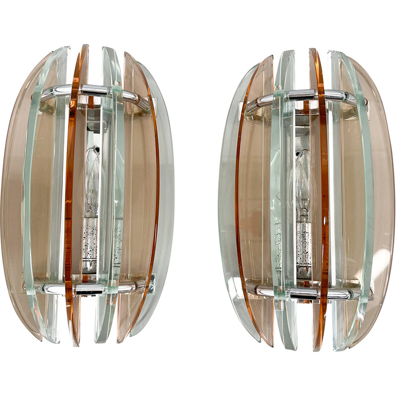 Paar wandlampen van Murano glas en chroom van Veca, Italië.
