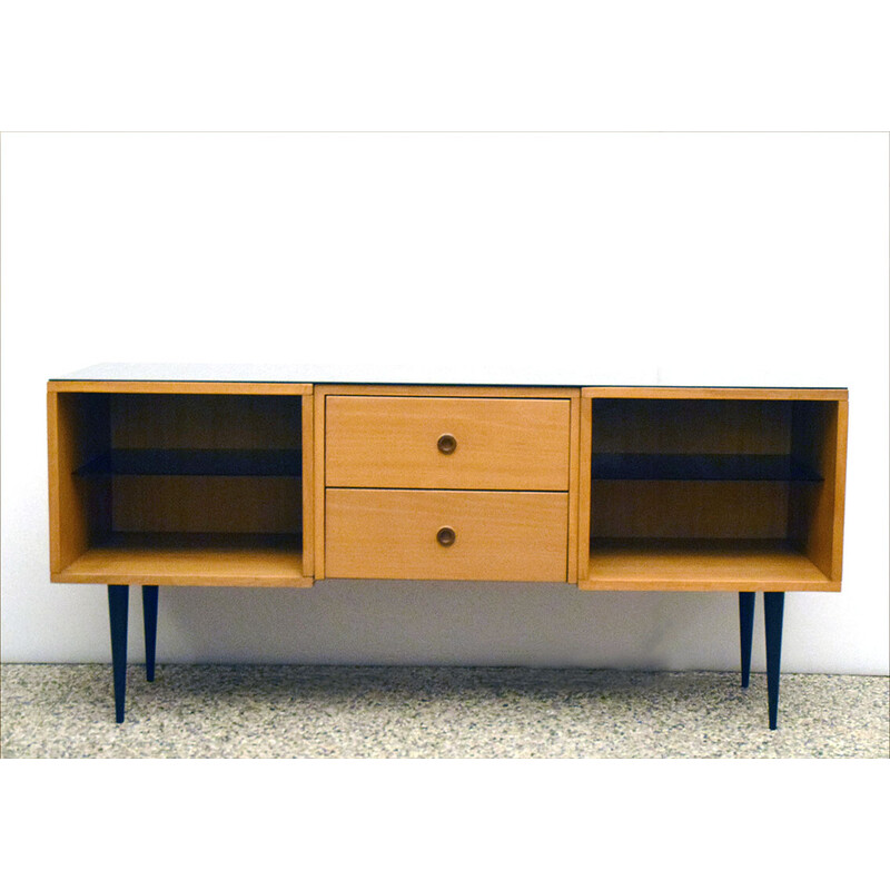 Italienisches Sideboard aus Eschenholz und Glas, 1950er Jahre