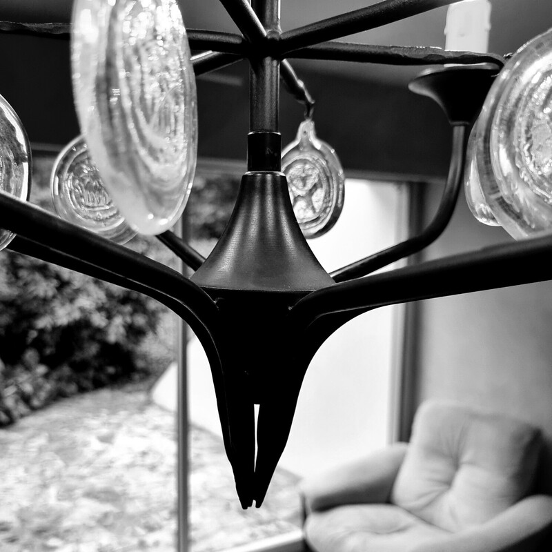 Vintage Scandinavian metal and glass chandelier by Erik Höglund and Boda Glasburk for Holm Sorensen, Denmark 1960s