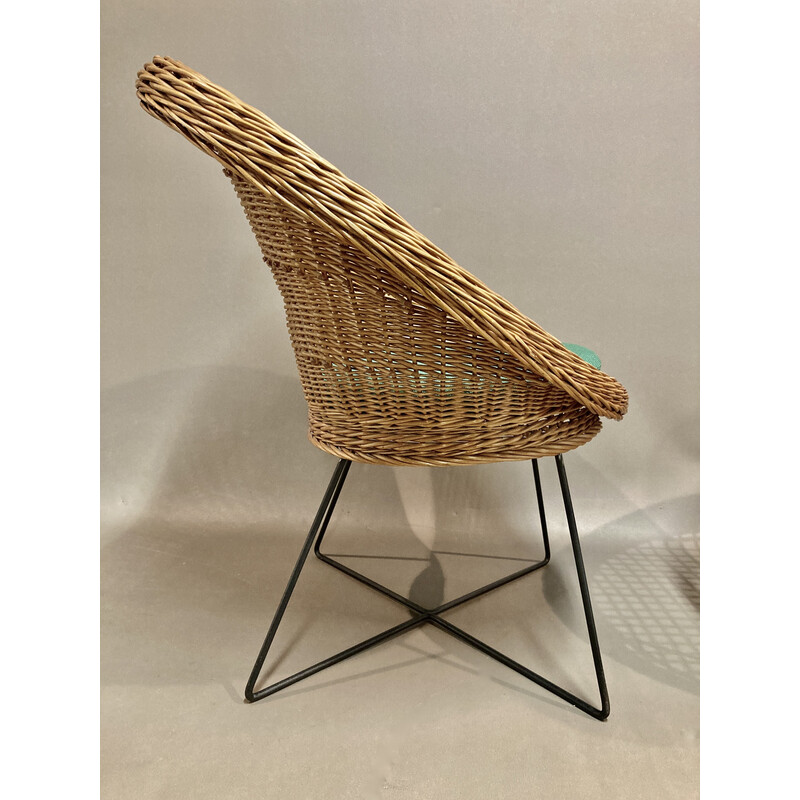 Vintage armchair with table in metal, wicker and glass, 1950s