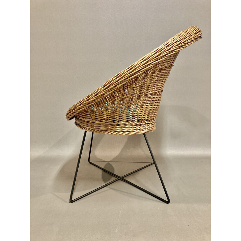 Vintage armchair with table in metal, wicker and glass, 1950s