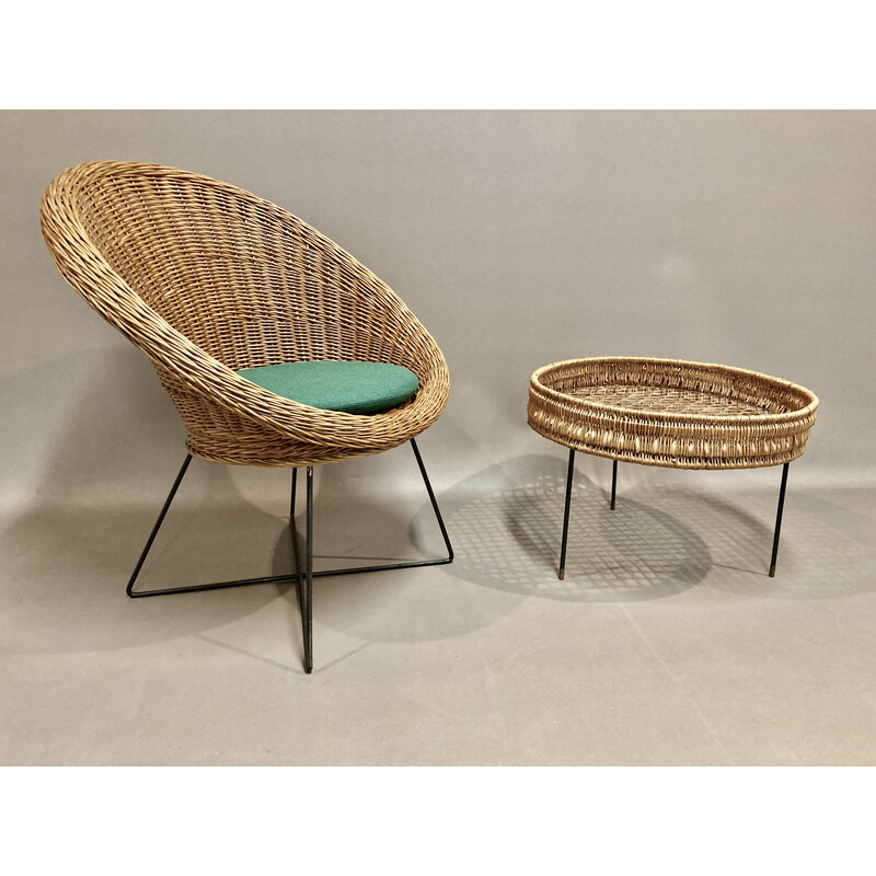 Vintage armchair with table in metal, wicker and glass, 1950s