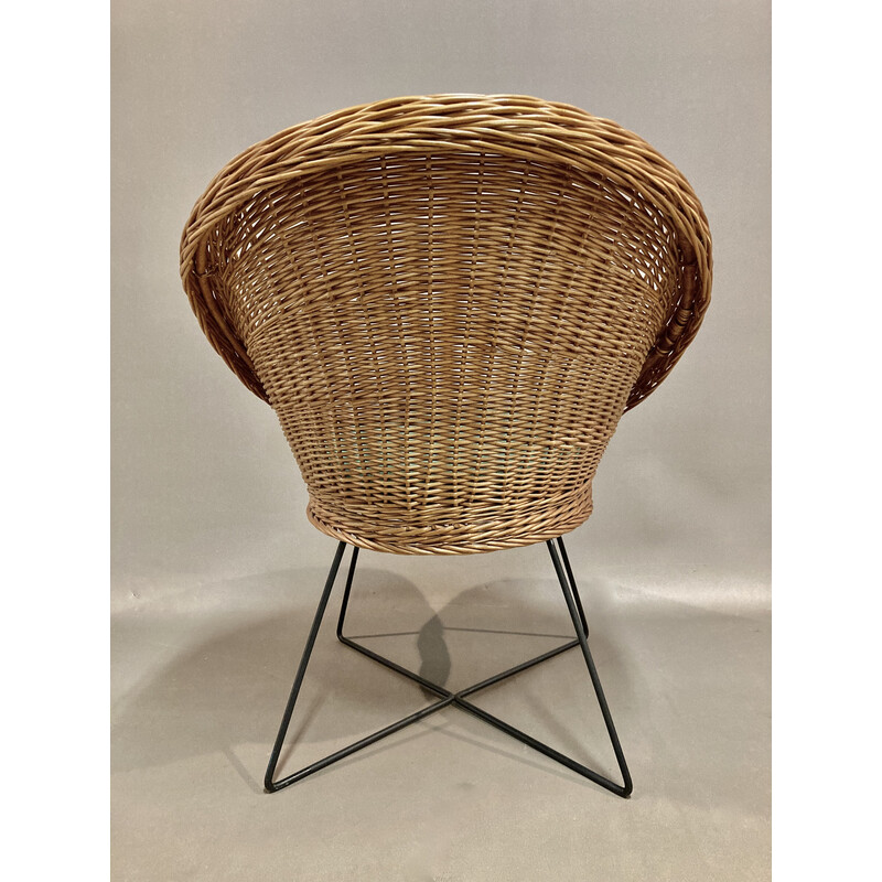 Vintage armchair with table in metal, wicker and glass, 1950s