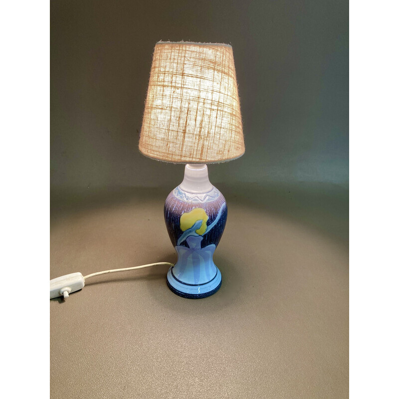 Lampe vintage scandinave en céramique, émail et lin, 1960