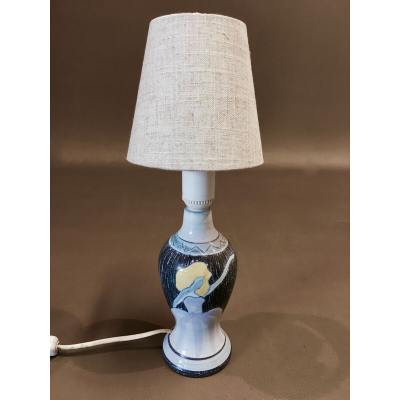 Lampe vintage scandinave en céramique, émail et lin, 1960