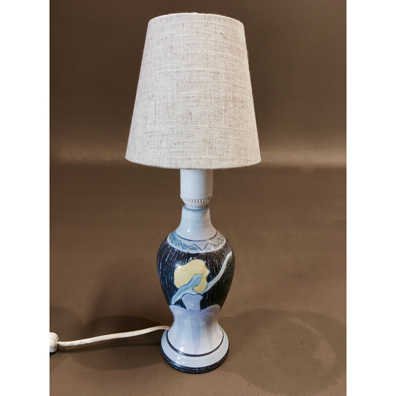 Vintage Scandinavian lamp in ceramic, enamel and linen, 1960s