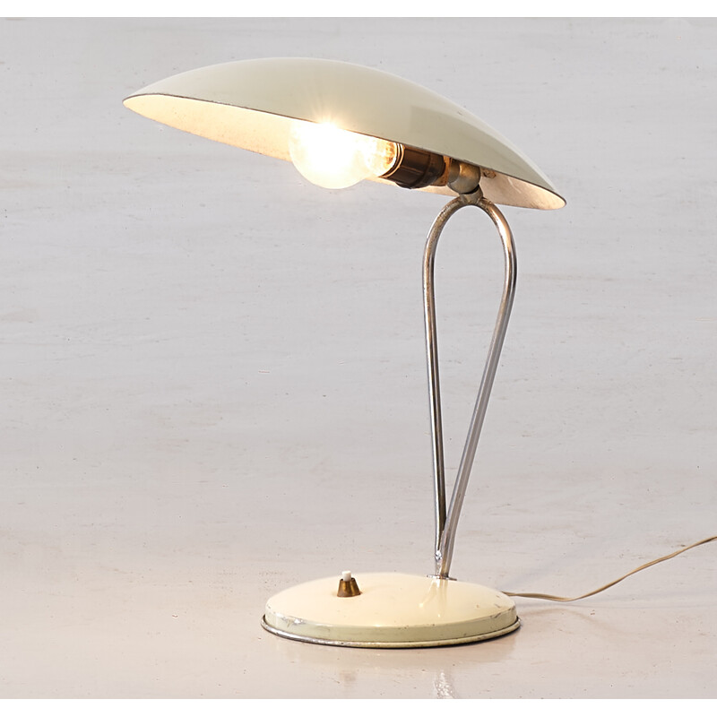 Lampe de table vintage en métal chromé, laiton et laqué blanc, Italie 1950