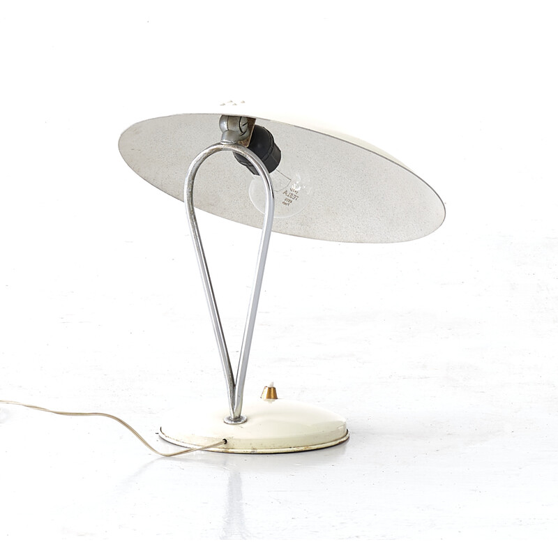 Lampe de table vintage en métal chromé, laiton et laqué blanc, Italie 1950