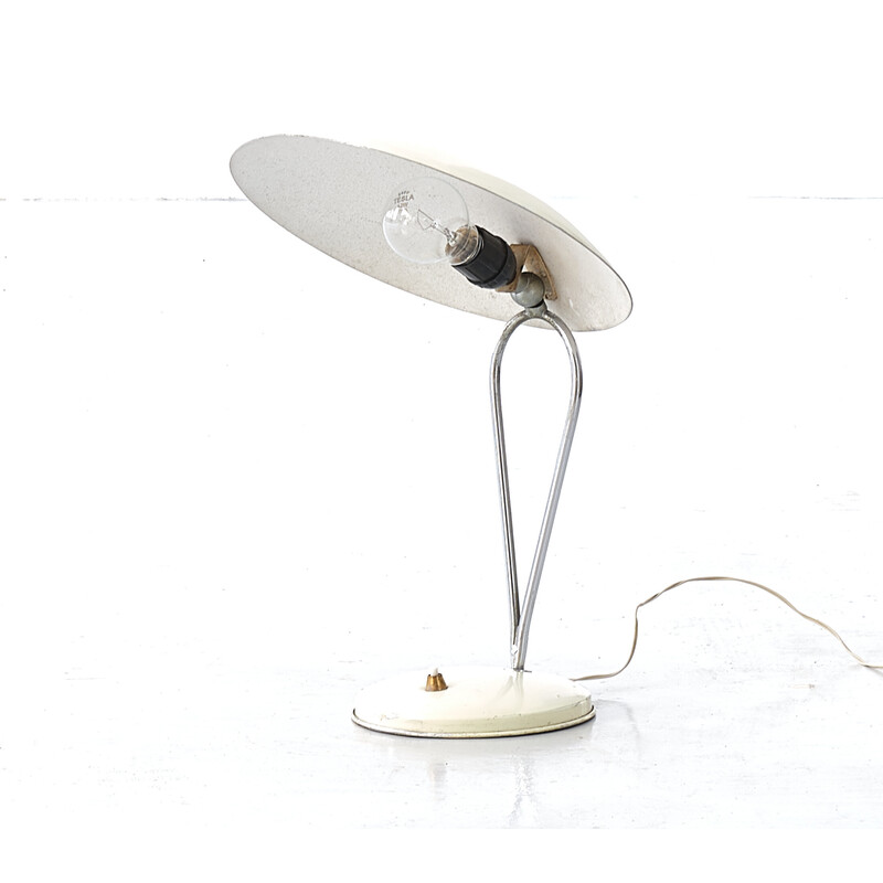 Vintage table lamp in chromed metal, brass and white lacquer, Italy 1950s