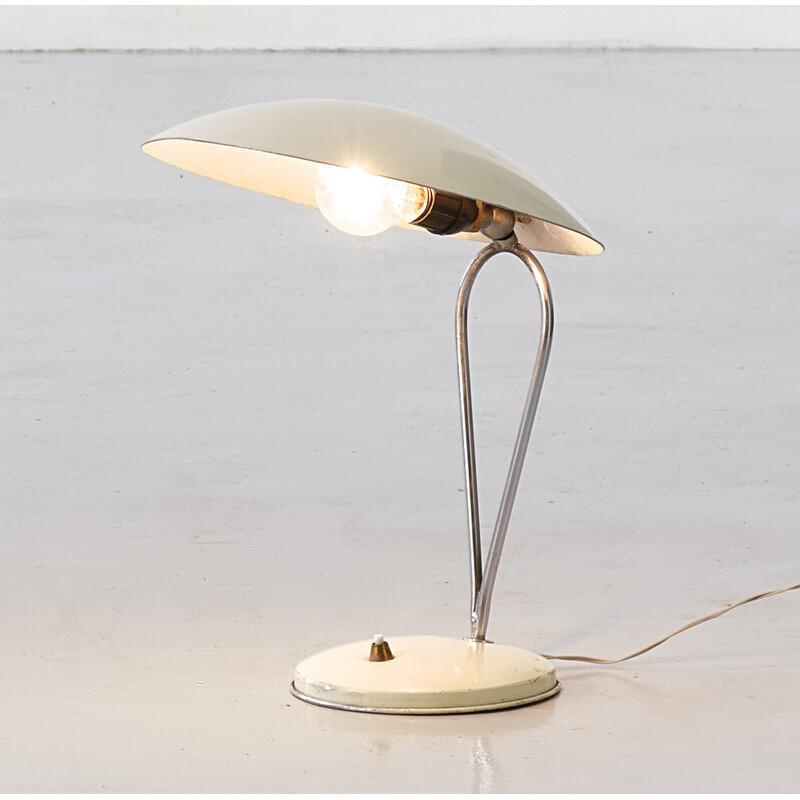 Lámpara de mesa vintage de metal cromado, latón y laca blanca, Italia años 50